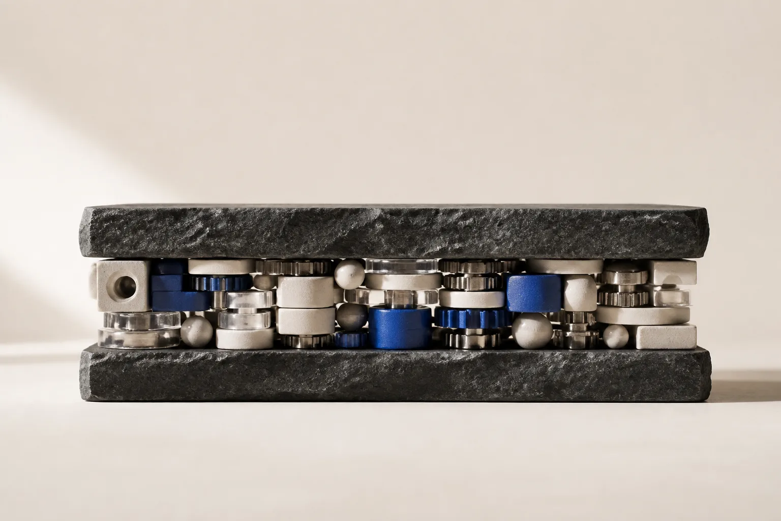 Loose mechanical components settling between two established geological strata to form a new layer, representing the agent harness layer taking shape in the agent stack.