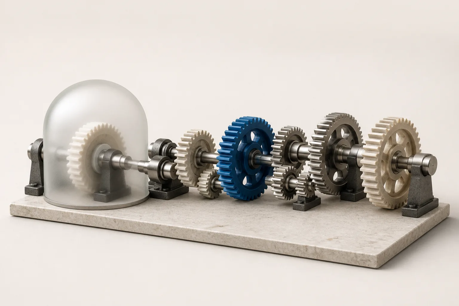 A glass enclosure covering one gear of a larger machine whose drivetrain extends beyond it, representing the sandbox as one contained layer of a complete agent backend.