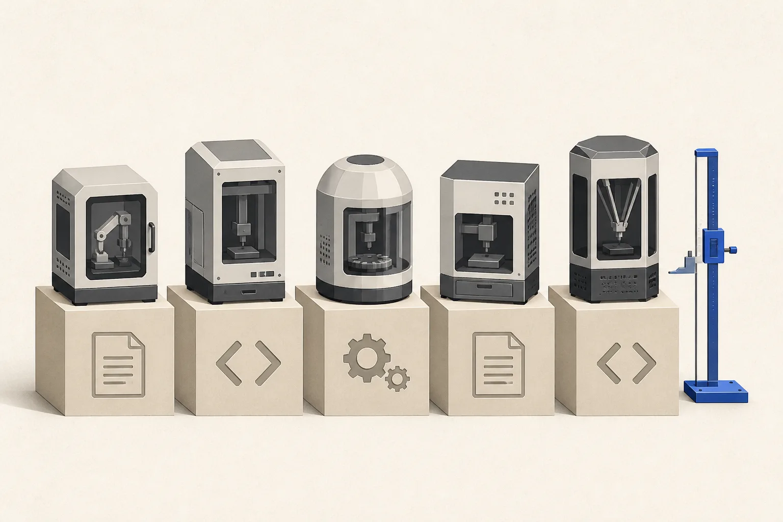 Five distinct enclosed machines arranged on a podium whose steps are labeled by task type rather than by rank, with a measuring instrument in cobalt blue standing beside them.